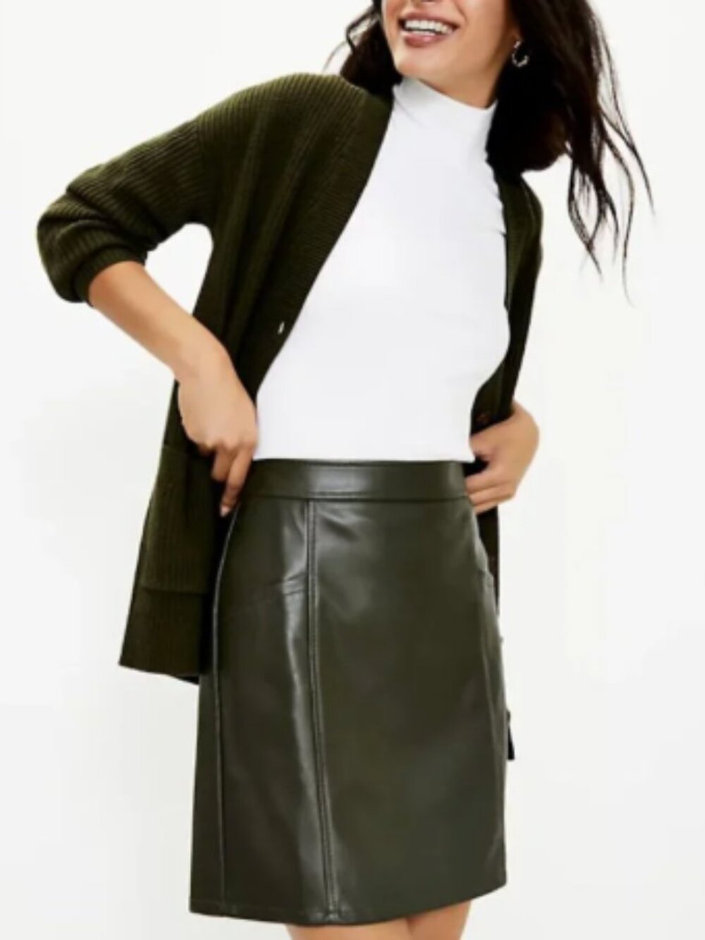 Loft Faux Leather Pocket Mini Shift Skirt Lustrous Olive Size 12